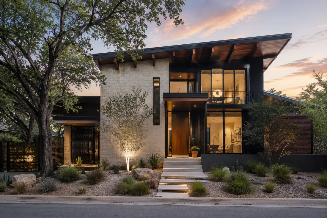 Editorial visualization of a contemporary Austin residence with limestone, dark metal, warm wood, and mature trees.