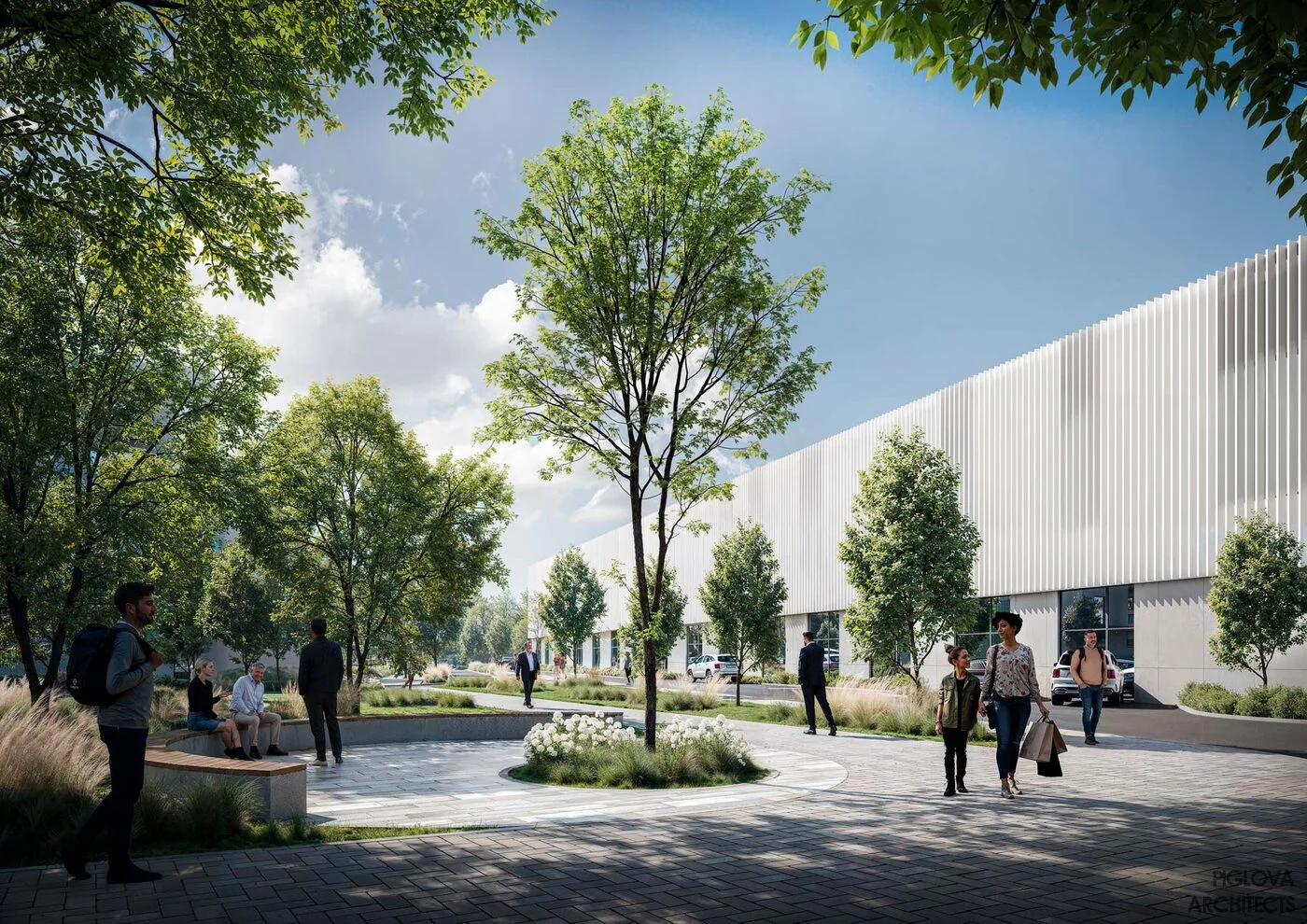 Contemporary cultural and entertainment center in Omsk with a landscaped public plaza and a long white louvered façade.